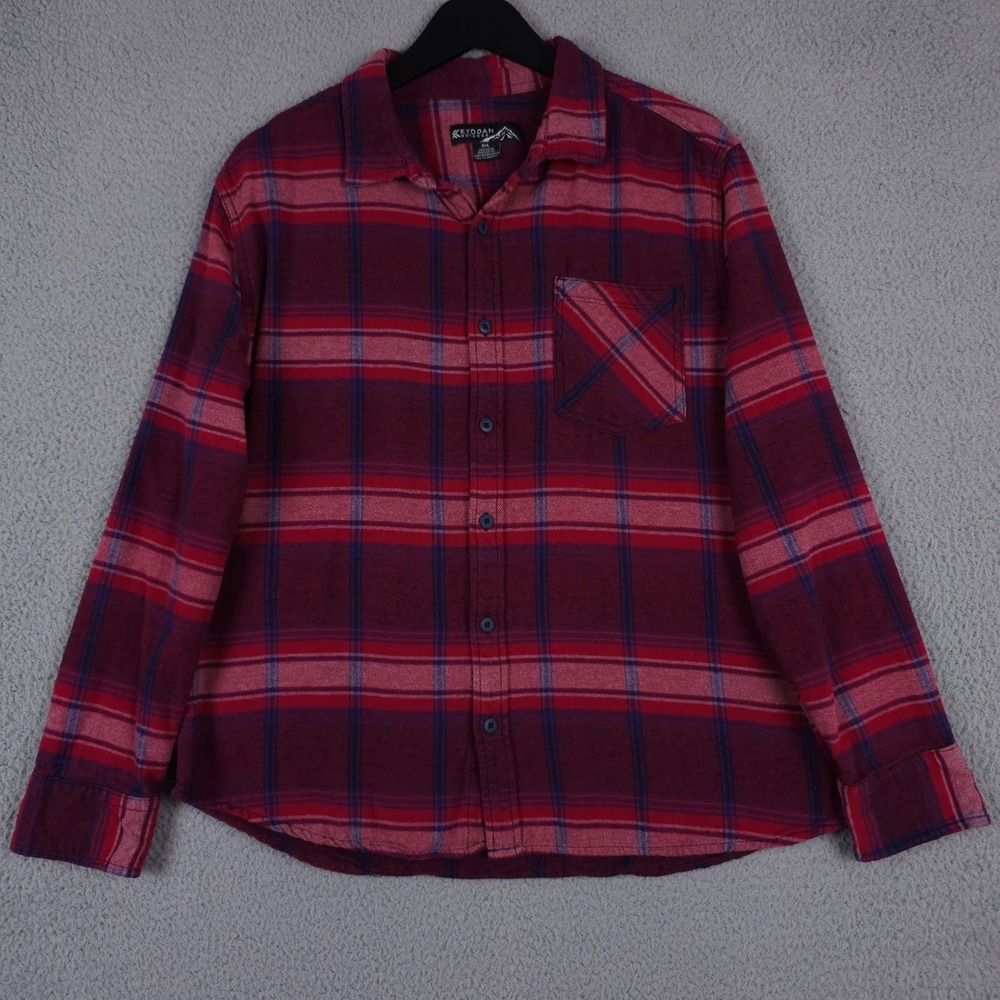 Kyodan Outdoors Shirt Men Large Red Blue Plaid Flannel Button Up Outdoors Hiking